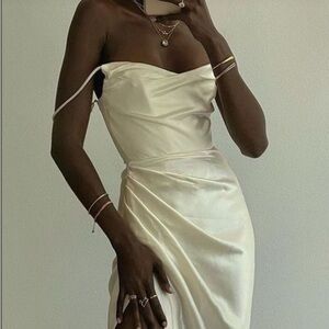 House of CB Reva figure hugging satin wrap dress in Ivory.